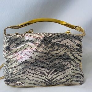 80s Vintage Gold and Black Leather Tiger Stripe Bag‎ New